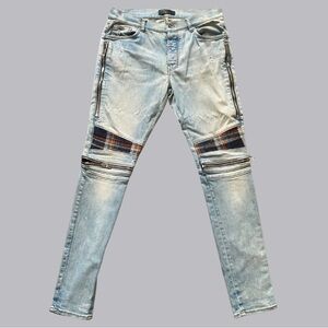 AMIRI Light Blue Skinny Jeans with Plaid Details